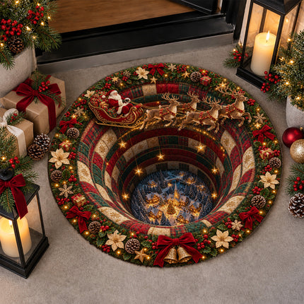 Christmas Round Rug Santa Sleigh Winter Village Doormat
