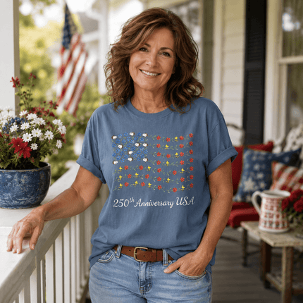 Comfort Colors 250th Anniversary USA Floral Vine Flag Dog And Bird T-Shirt