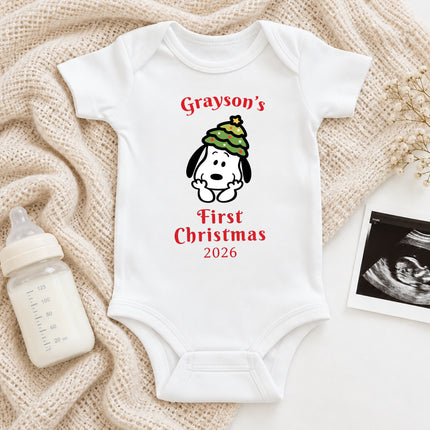 Personalized First Christmas 2026 Christmas Tree Hat Baby Bodysuit