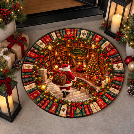 Christmas Round Rug Santa Library Fireplace Doormat