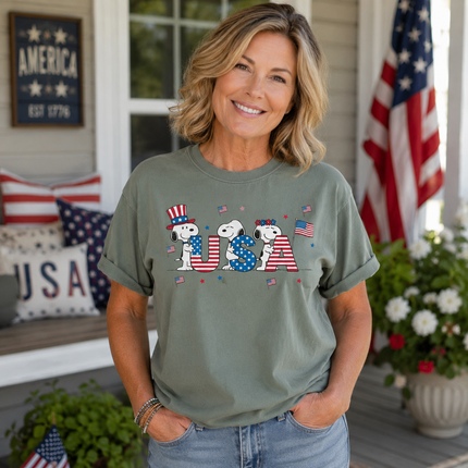 Comfort Colors USA Flag Block Letters Cute Dogs T-Shirt