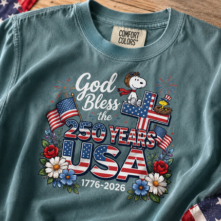 Comfort Colors God Bless The USA 250 Years Patriotic Cross T-Shirt