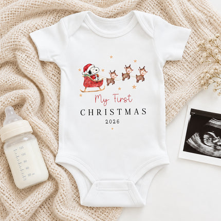 My First Christmas 2026 Reindeer Sleigh Baby Bodysuit