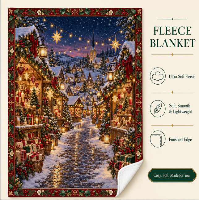 Christmas Market Fleece Blanket Festive Winter Village Decor