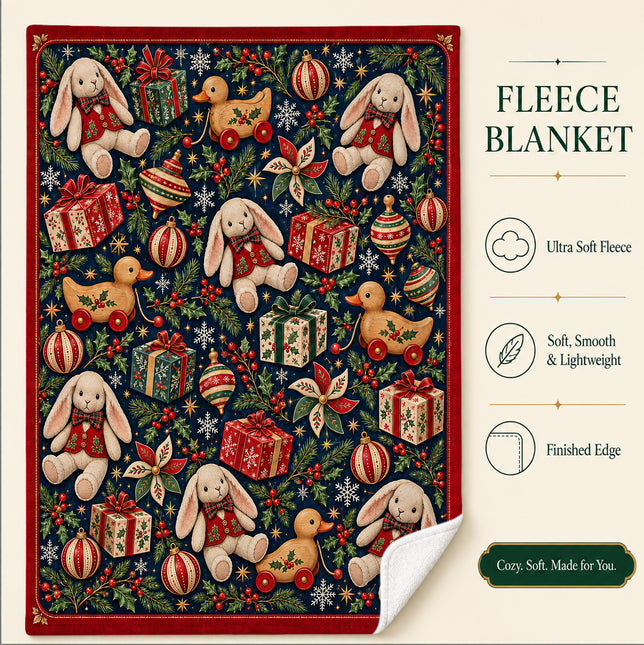 Christmas Bunny Fleece Blanket Vintage Holiday Decor