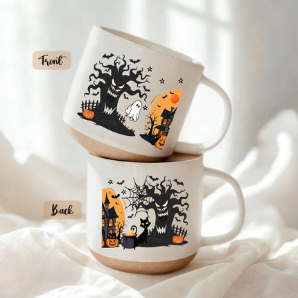 Halloween Pottery Mug Black Cat Haunted House Spooky Cup