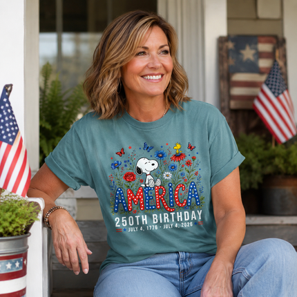 Comfort Colors America 250th Birthday Floral Sitting Dog T-Shirt