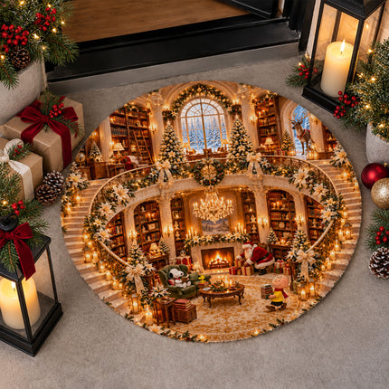 Christmas Round Rug Cozy Library Grand Staircase Holiday Doormat