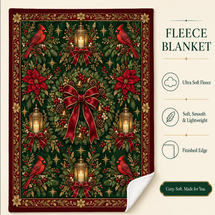 Cardinal Christmas Fleece Blanket Vintage Holiday Wreath