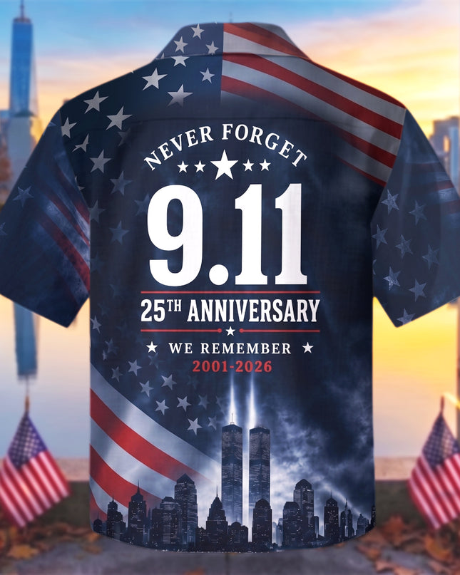 25th Patriot Day American Flag 9/11 Skyline Memorial Tribute Hawaiian Shirt
