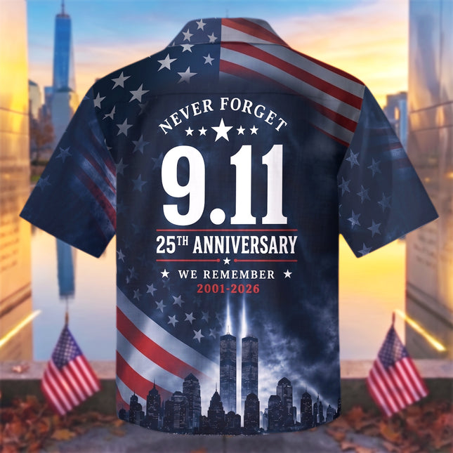 25th Patriot Day American Flag 9/11 Skyline Memorial Tribute Hawaiian Shirt