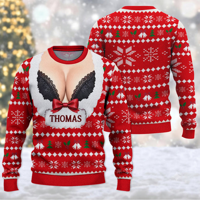 Personalized Naughty Christmas Ugly Sweatshirt Funny Fake Cleavage Design