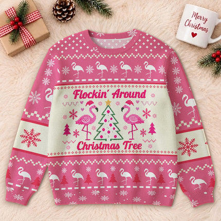 Funny Flamingo Ugly Sweatshirt Flockin Around Christmas Tree Pink