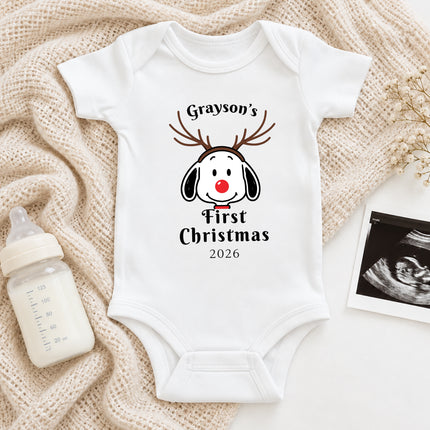 Personalized First Christmas 2026 Reindeer Name Baby Bodysuit