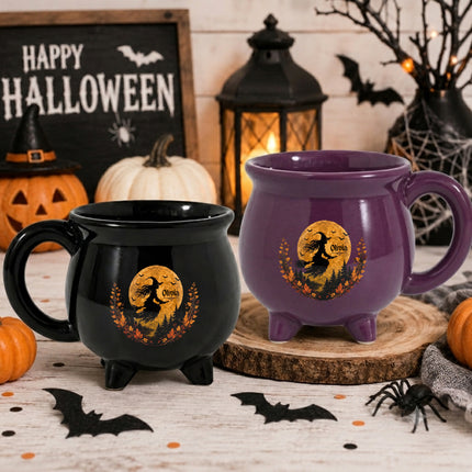 Personalized Harvest Moon Witch Cauldron Mug Halloween Flying Witch