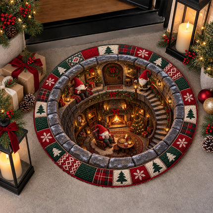 Christmas Round Rug Gnome Cottage Fireplace Doormat