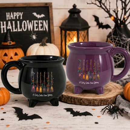 A Girls Gotta Have Options Cauldron Mug Halloween Witch Broom Coffee Cup