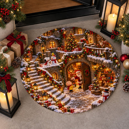 Christmas Round Rug Snowy Village Lanterns Holiday Doormat