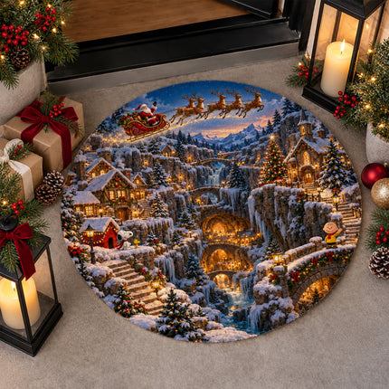 Christmas Round Rug Snowy Mountain Village Holiday Doormat