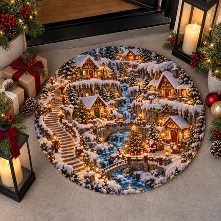 Christmas Round Rug Twinkling Cottage Waterfall Doormat