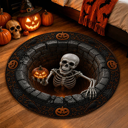 Halloween Round Rug Skeleton Pumpkin 3D Spooky Doormat