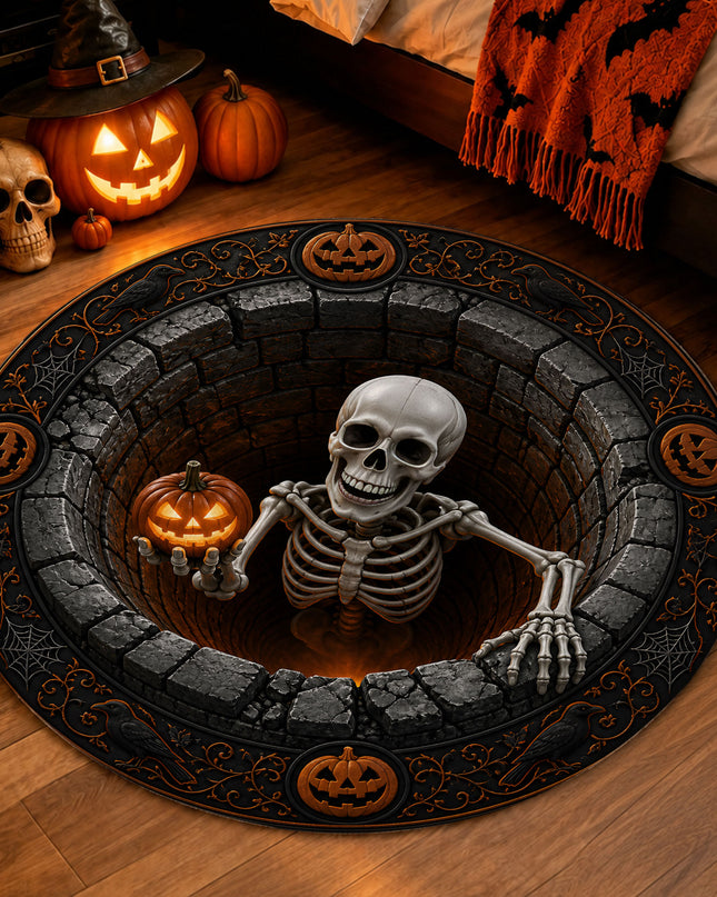 Halloween Round Rug Skeleton Pumpkin 3D Spooky Doormat
