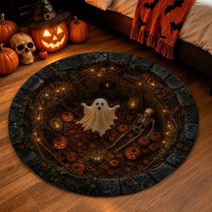 Halloween Round Rug Ghost Skeleton Pumpkin Spooky Doormat