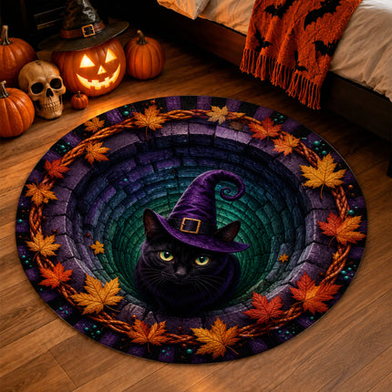 Halloween Round Rug Black Cat Witch Hat Spooky Doormat