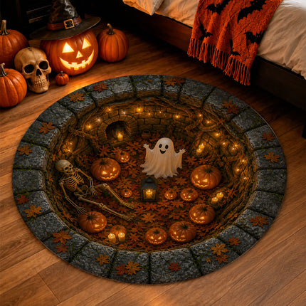Halloween Round Rug Ghost Skeleton Pumpkin Pit Doormat