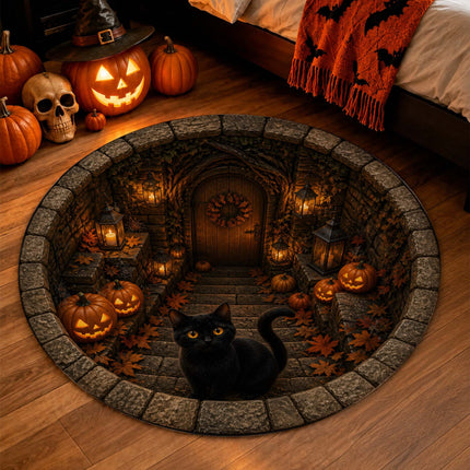 Halloween Round Rug Black Cat Pumpkin Lantern Doormat
