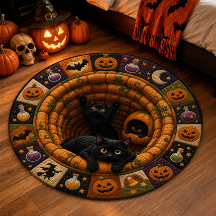 Halloween Round Rug Black Cats Pumpkin Quilt Spooky Doormat