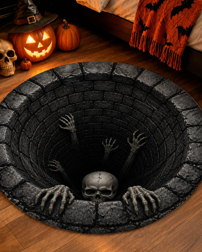 Halloween Round Rug Skeleton Well Illusion Doormat