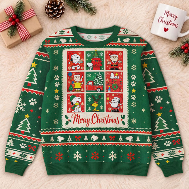 Funny Cartoon Christmas Ugly Sweatshirt Green Holiday Comic Panels