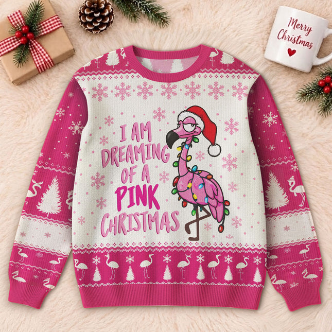Pink Flamingo Christmas Ugly Sweatshirt Funny Dreaming of a Pink Christmas