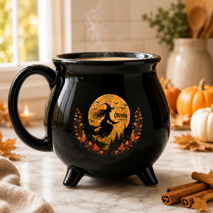 Personalized Harvest Moon Witch Cauldron Mug Halloween Flying Witch