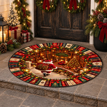 Christmas Round Rug Santa Library Fireplace Doormat