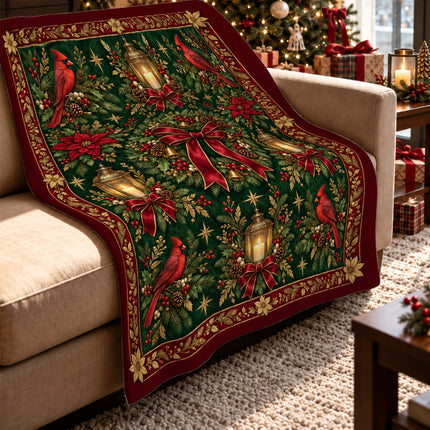 Cardinal Christmas Fleece Blanket Vintage Holiday Wreath