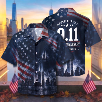 25th Patriot Day American Flag 9/11 Skyline Memorial Tribute Hawaiian Shirt