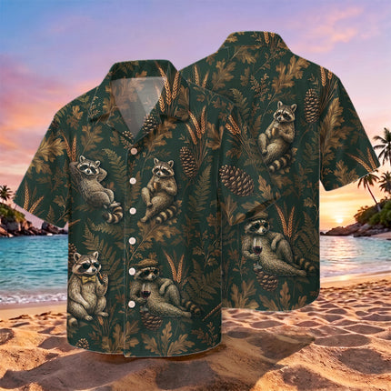 Vintage Raccoon Forest Botanical Summer Hawaiian Shirt
