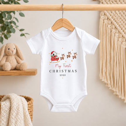My First Christmas 2026 Reindeer Sleigh Baby Bodysuit