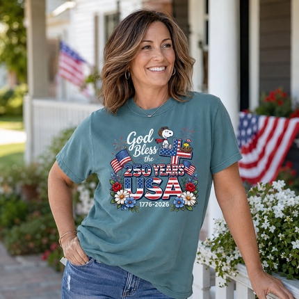 Comfort Colors God Bless The USA 250 Years Patriotic Cross T-Shirt