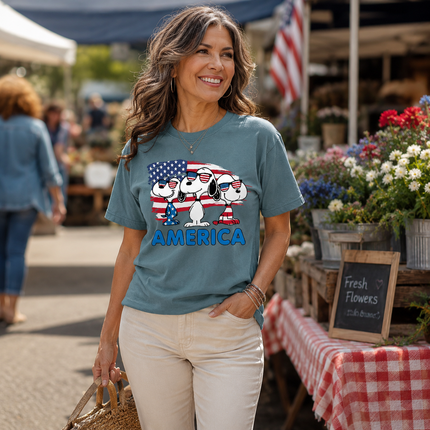 Comfort Colors America Cool Pups Patriotic Flag Sunglasses T-Shirt