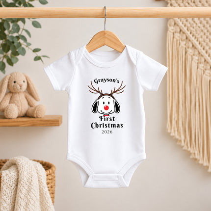 Personalized First Christmas 2026 Reindeer Name Baby Bodysuit