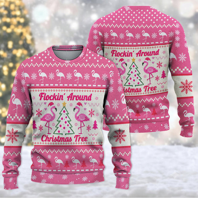 Funny Flamingo Ugly Sweatshirt Flockin Around Christmas Tree Pink