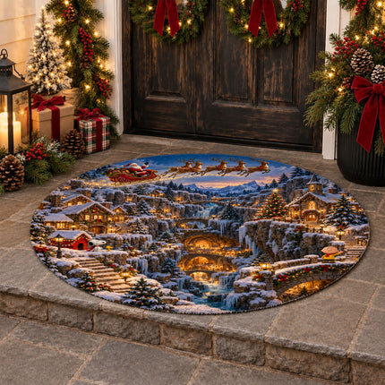 Christmas Round Rug Snowy Mountain Village Holiday Doormat