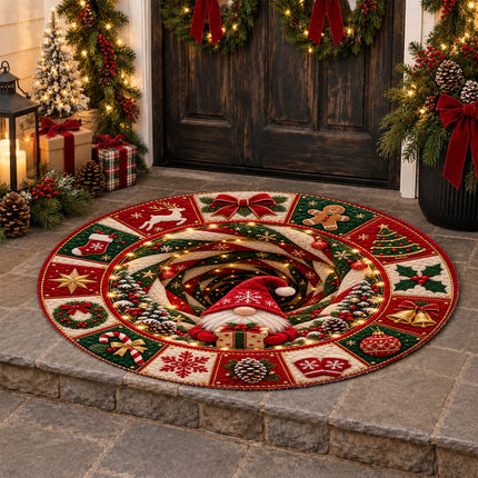 Christmas Round Rug Gnome Present Spiral Doormat