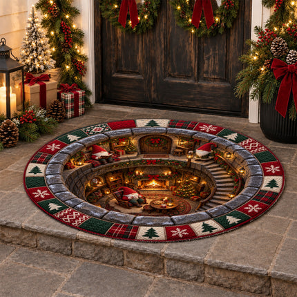 Christmas Round Rug Gnome Cottage Fireplace Doormat