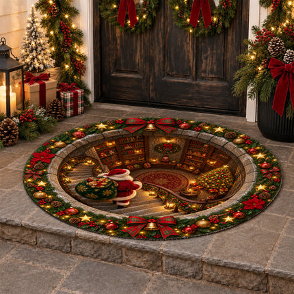 Christmas Round Rug Santa Library Holiday Doormat