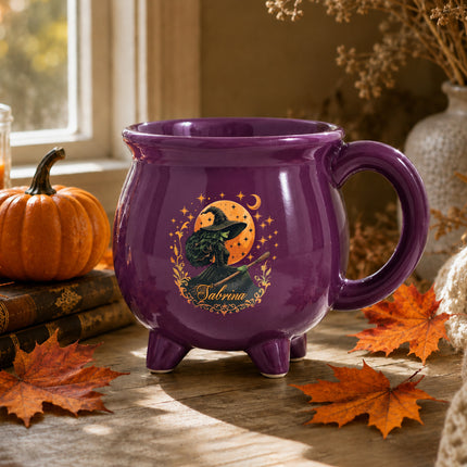 Personalized Witch Cauldron Mug Orange Moon Halloween Custom Name