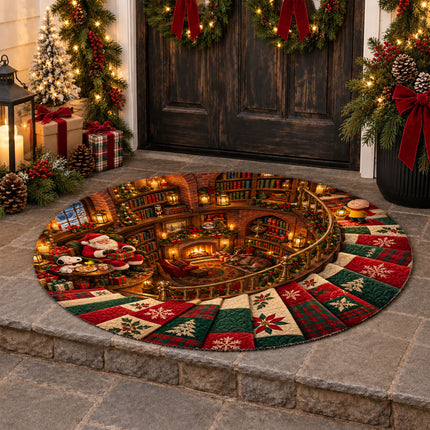 Christmas Round Rug Cozy Library Patchwork Staircase Doormat